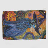 Spooky Russische Blauwe Kat Halloween Heksenpompoe Golfhanddoek (Horizontaal)