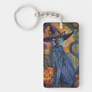 Spooky Russische Blauwe Kat Halloween Heksenpompoe Sleutelhanger