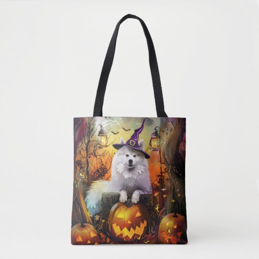 Spooky Samoyed hond Halloween heks en pompoen Draagtas (Voorkant)