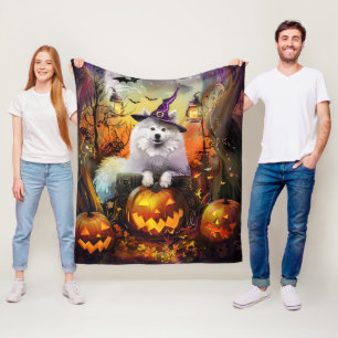 Spooky Samoyed hond Halloween heks en pompoen Fleece Deken