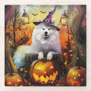 Spooky Samoyed hond Halloween heks en pompoen Glazen Onderzetter