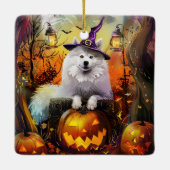 Spooky Samoyed hond Halloween heks en pompoen Keramisch Ornament (Achterkant)