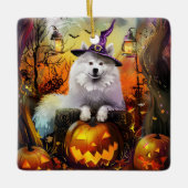Spooky Samoyed hond Halloween heks en pompoen Keramisch Ornament (Voorkant)