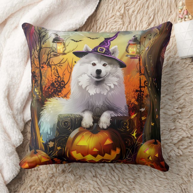 Spooky Samoyed hond Halloween heks en pompoen Kussen (Deken)