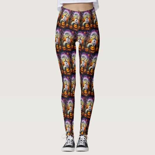Spooky Samoyed hond Halloween heks en pompoen Leggings (Voorkant)