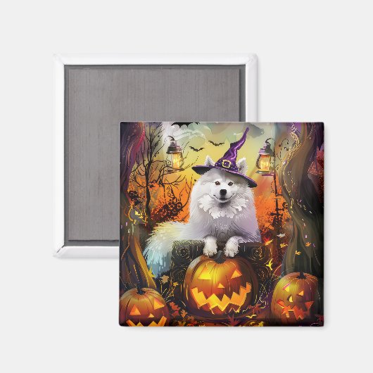 Spooky Samoyed hond Halloween heks en pompoen Magneet (Voorkant / Achterkant)