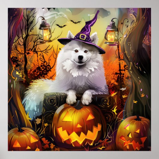 Spooky Samoyed hond Halloween heks en pompoen Poster (Voorkant)
