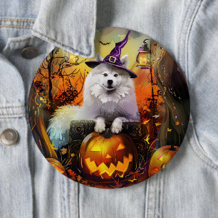Spooky Samoyed hond Halloween heks en pompoen Ronde Button 6,0 Cm