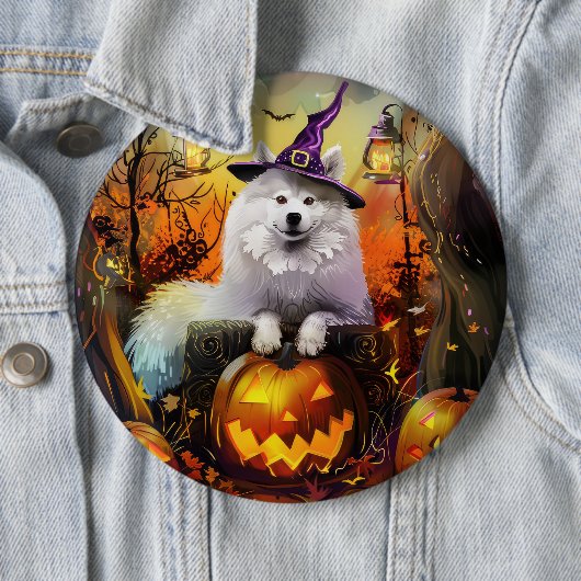 Spooky Samoyed hond Halloween heks en pompoen Ronde Button 6,0 Cm (In situ)