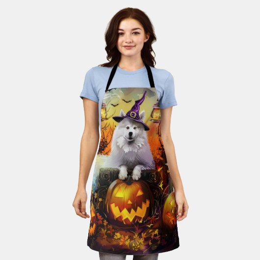Spooky Samoyed hond Halloween heks en pompoen Schort (Gedragen)