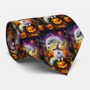 Spooky Samoyed hond Halloween heks en pompoen Stropdas