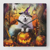 Spooky Samoyed hond Halloween heks en pompoen Vierkante Klok (Voorkant)