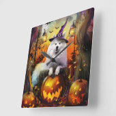 Spooky Samoyed hond Halloween heks en pompoen Vierkante Klok (Hoek)