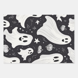 Spooky Schattige Ghost Halloween Zwart Wit Inpakpapier Vel