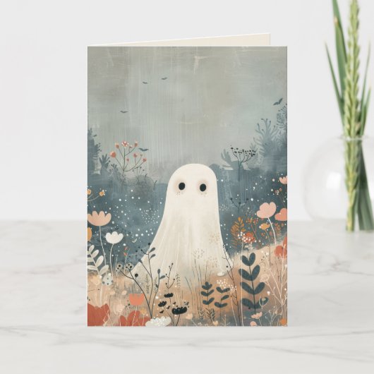 Spooky Schattigee Ghost Floral Happy Halloween Kaart (Voorkant)