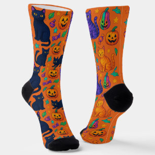 Spooky Schattigee Halloween Cat & Pumpkin Crew Sok