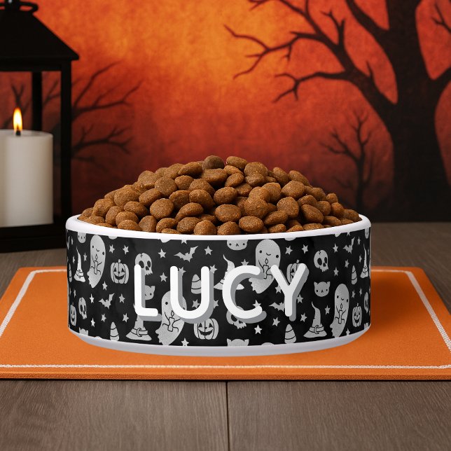 Spooky Schattigee Halloween Pattern Custom Name Ca Voerbakje (Spooky Cute Halloween Pattern Custom Name Cat Bowl)
