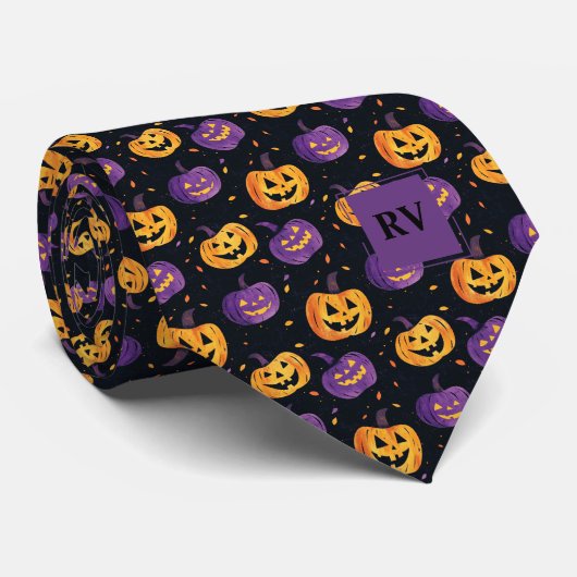 Spooky Schattigee Halloween pompoenen Monogrammed Stropdas (Opgerold)