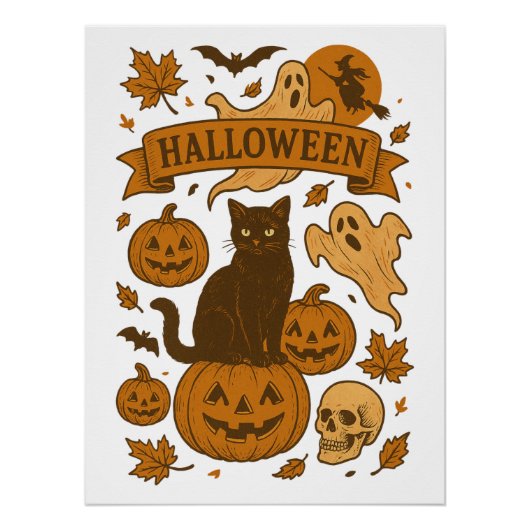 Spooky Schattigee Retro Halloween Black Cat Pumpki Perfect Poster (Voorkant)