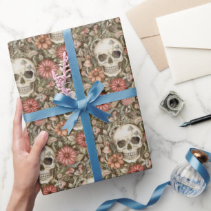 Spooky schedels & rode bloemen cadeaupapier