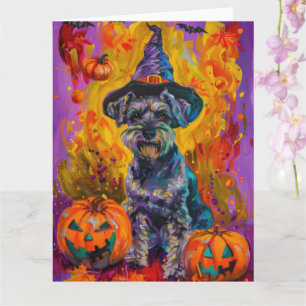 Spooky Schnauzer Hond Halloween Heks en Pompoen Kaart