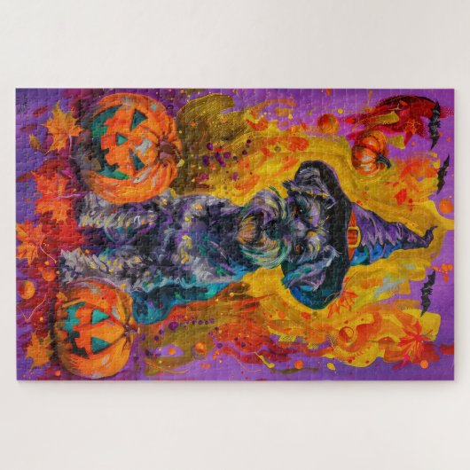 Spooky Schnauzer Hond Halloween Heks en Pompoen Legpuzzel (Horizontaal)
