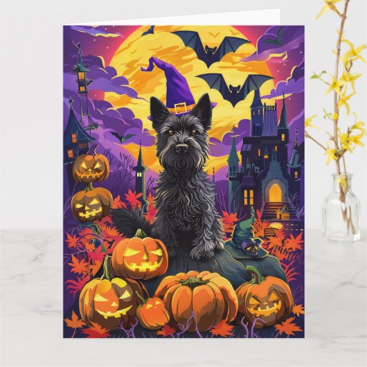 Spooky Schotse Terriër Halloween Witch Pumpkin Kaart (Gele Bloem)