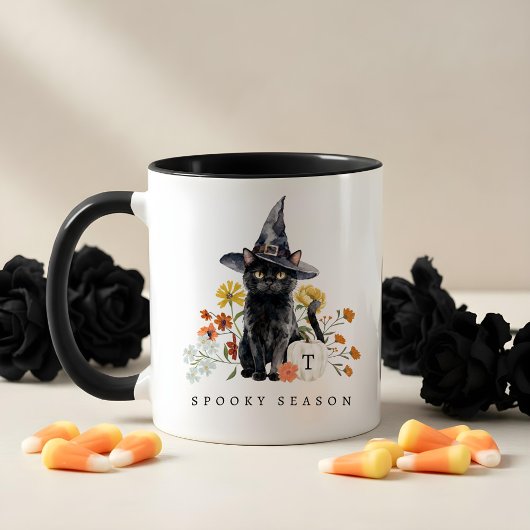 Spooky Season Black Cat Fall Cozy Floral Monogram Mok