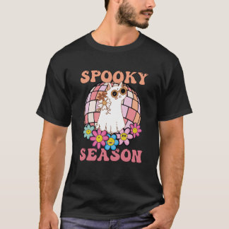Spooky Season Groovy Ghost Cat Retro  Hallo T-shirt