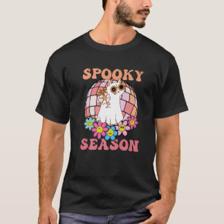 Spooky Season Groovy Ghost Cat Retro Hallo T-shirt