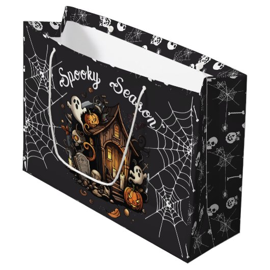 👻 Spooky Season Haunted House zwarte geschenktas Groot Cadeauzakje (Voorkant Gekanteld)