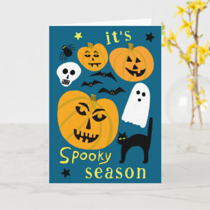 Spooky Season Pumpkins Ghost Bat HAPPY HALLOWEEN Kaart