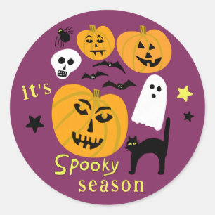 Spooky Season Pumpkins Ghost Bat HAPPY HALLOWEEN Ronde Sticker