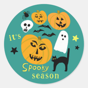 Spooky Season Pumpkins Ghost Bat HAPPY HALLOWEEN Ronde Sticker