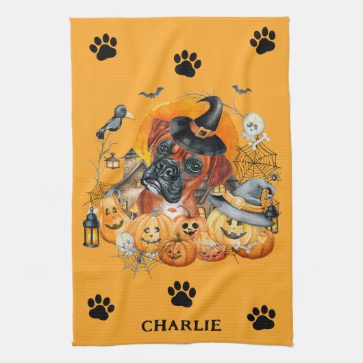 Spooky Seizoen Boxer Halloween Pompoen Custom Dog Theedoek (Verticaal)