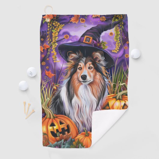 Spooky Shetland Sheepdog Halloween Witch Pumpkin Golfhanddoek (Insitu)