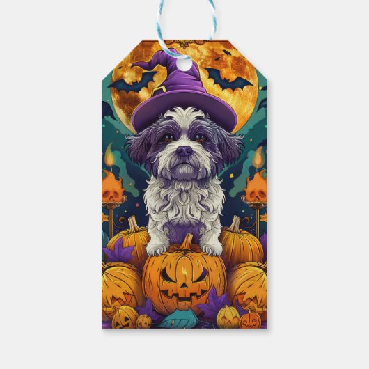 Spooky Shih Tzu Hond Halloween Heks en Pompoen Cadeaulabel (Achterkant)