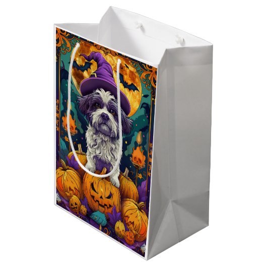 Spooky Shih Tzu Hond Halloween Heks en Pompoen Medium Cadeauzakje (Achterkant Gekanteld)