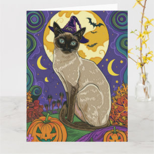 Spooky Siamese kat Halloween heks en pompoen Kaart