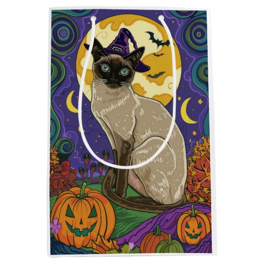 Spooky Siamese kat Halloween heks en pompoen Medium Cadeauzakje (Voorkant)