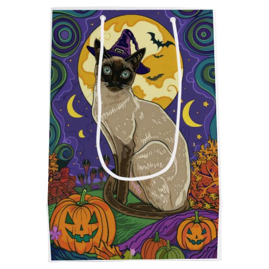 Spooky Siamese kat Halloween heks en pompoen Medium Cadeauzakje (Achterkant)