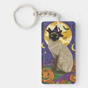 Spooky Siamese kat Halloween heks en pompoen Sleutelhanger