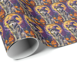 Spooky Siberische Husky Hond Halloween Heksenpompo Cadeaupapier