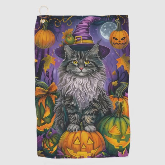 Spooky Siberische kat Halloween heks en pompoen Golfhanddoek (Voorkant)
