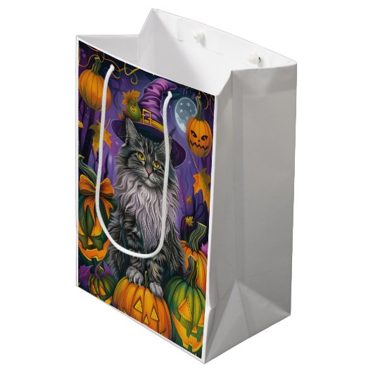 Spooky Siberische kat Halloween heks en pompoen Medium Cadeauzakje (Voorkant Gekanteld)