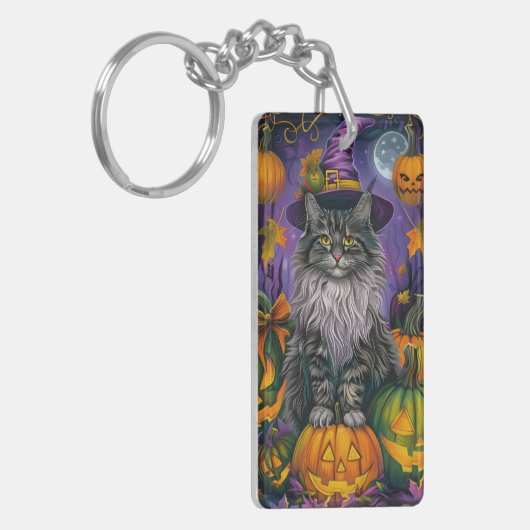 Spooky Siberische kat Halloween heks en pompoen Sleutelhanger (Voorkant Links)