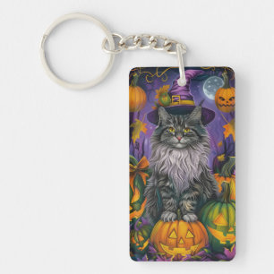 Spooky Siberische kat Halloween heks en pompoen Sleutelhanger