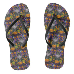 Spooky Siberische kat Halloween heks en pompoen Teenslippers