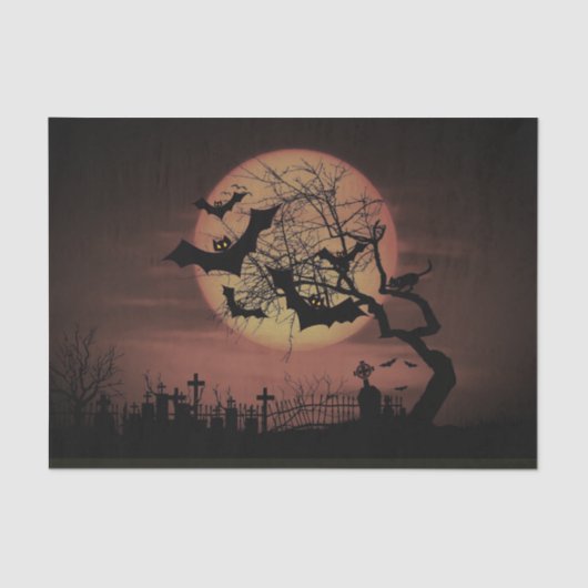 Spooky Sinaasappel Harvest Moon Bats en Cemetary Tissuepapier (Voorkant)