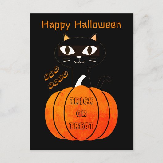 Spooky Sinaasappel Zwart Kat Trick or treat Hallow Briefkaart (Voorkant)